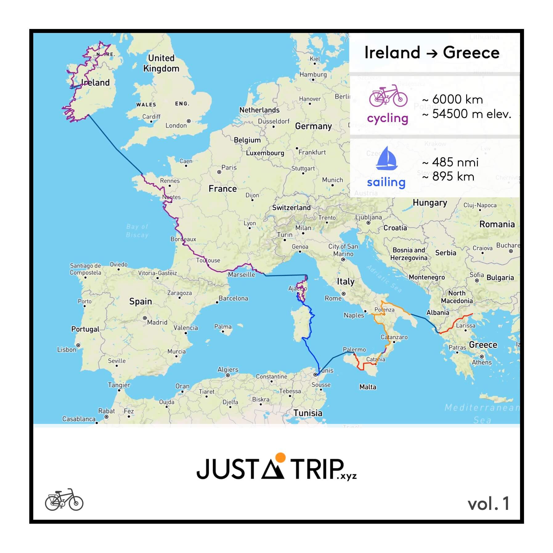 Map 1 , Route summary , Ireland to Greece , April - December 2022 , Just-a-Trip around the world (vol. 1)